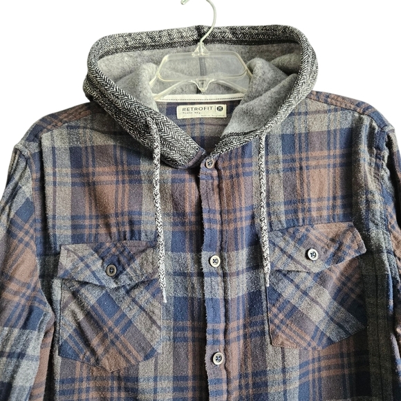 Retrofit Casual Button Up Long Sleeve Hoodie Mens Size Medium Blue Brown - Picture 2 of 9